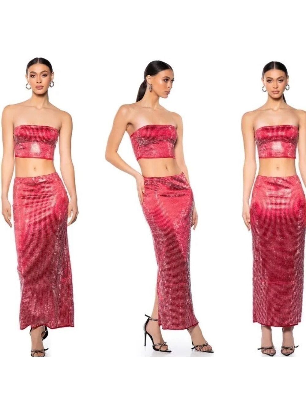 AKIRA Decision Maker Rhinestone Embellished Maxi Skirt & Tube Top Set in Red M